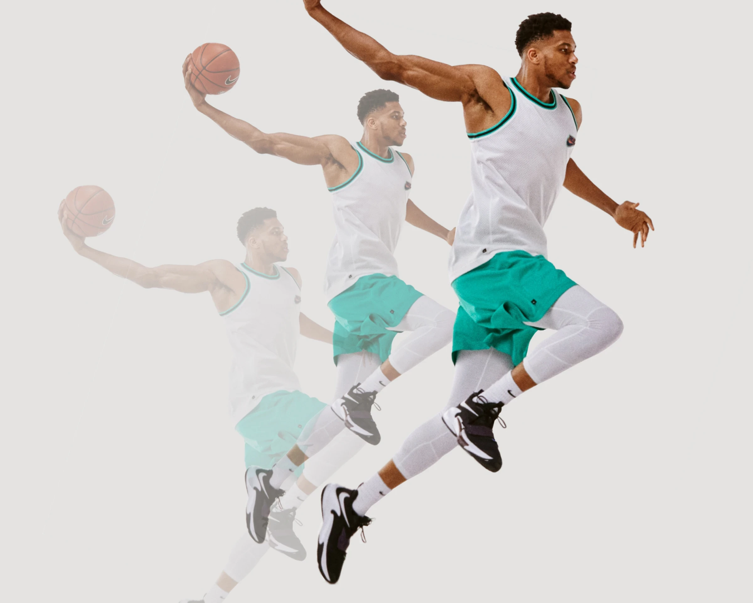 Multiple exposer effect, Giannis Antetokounmpo jumping for Nike print add